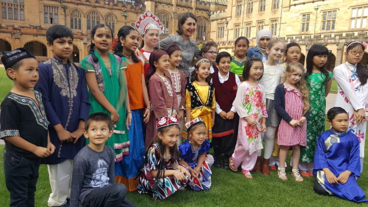 NSW Premier Gladys Berejiklian with school children launching the community language education program