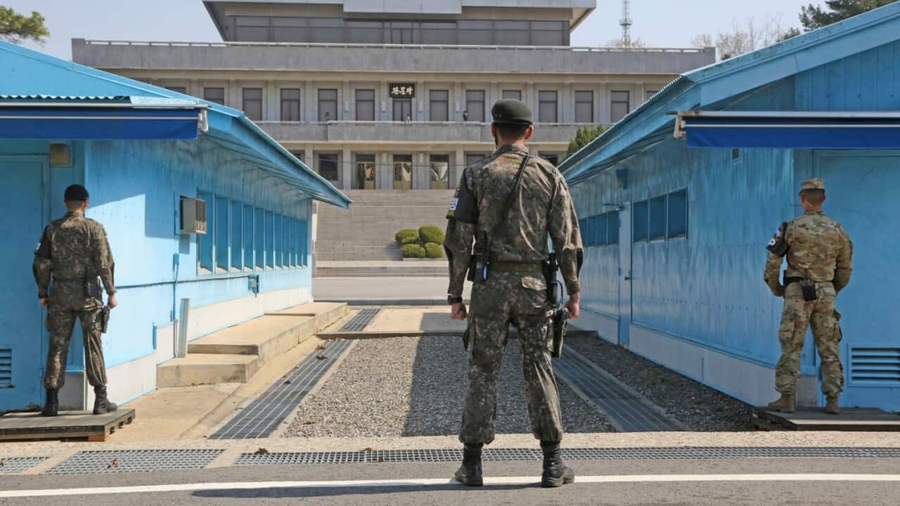Panmunjom is opened to media while South Korean and US soldiers are monitoring in Paju City