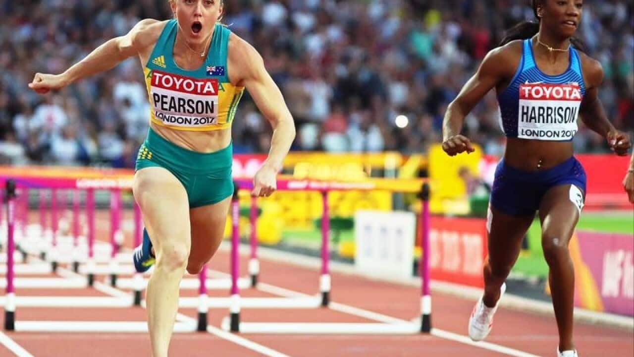 Sally Pearson crosses the finish line to win the 100m hurdle, London.