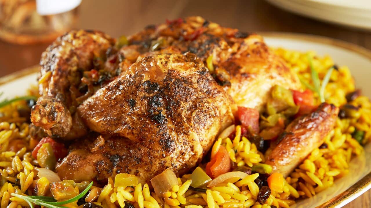 Spiced roasted chicken with toasted orzo