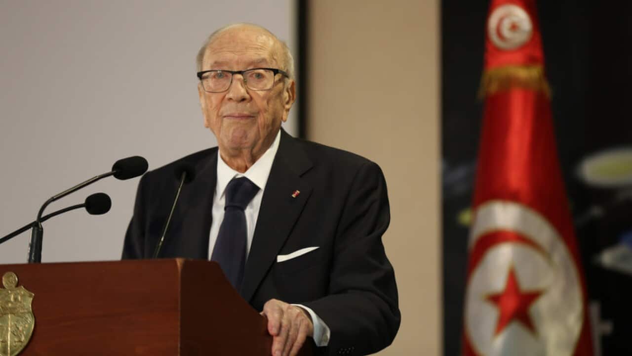 BCE during the opning sesson of the IFJ congress in Tunisia on June 11, 2019. Beji Caid Essebsi Tunisian president dies aged 92 in July 25, 2019 (Photo by Mohamed Krit/SIPA USA).