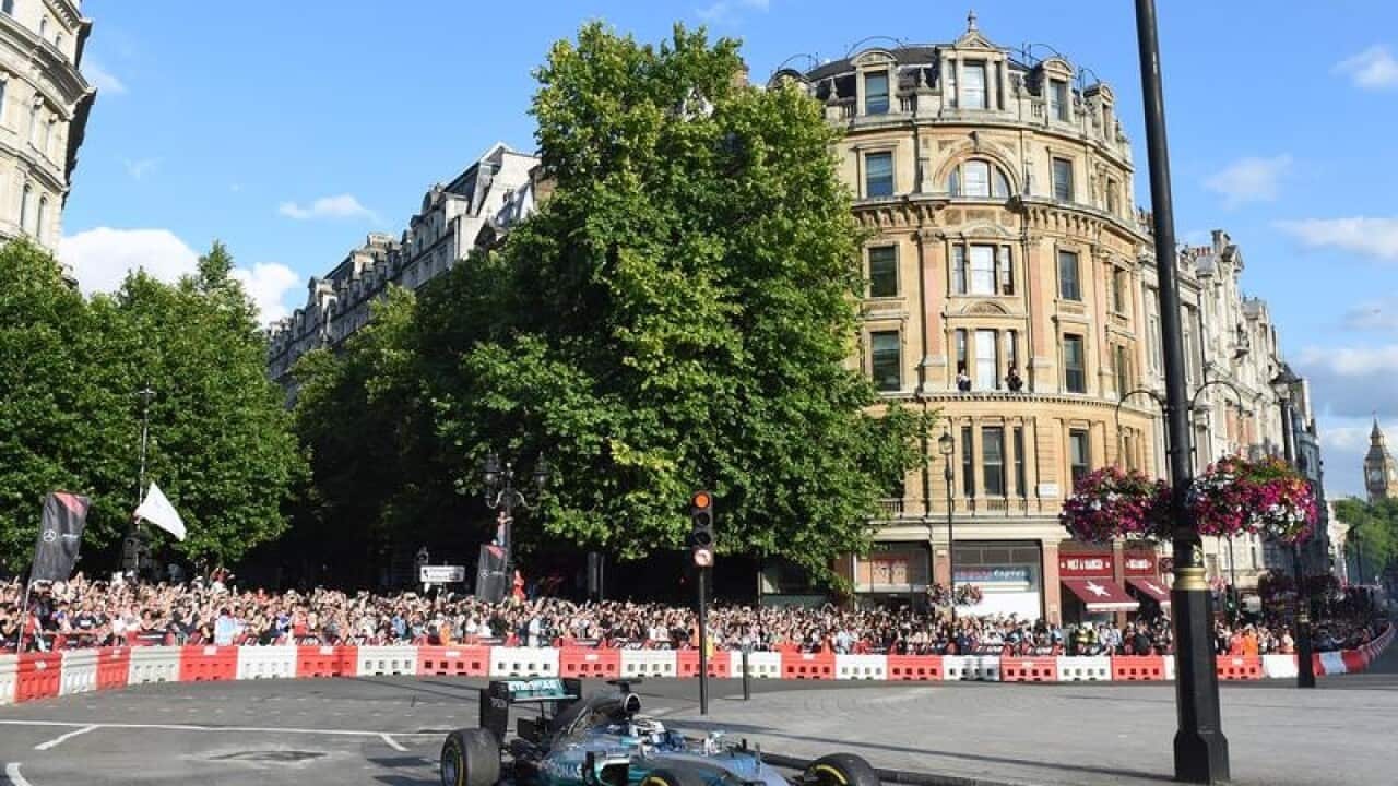 Mercedes' Valtteri Bottas during the F1 Live event in Trafalgar Square