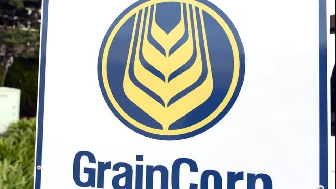GrainCorp sign amid vegetation at road entrance to company facilities