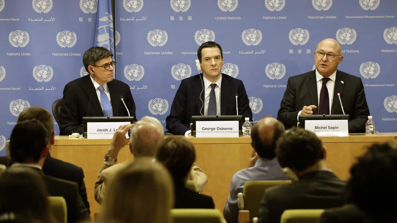 French Finance Minister Michel Sapin (R) alongside British Chancellor of the Exchequer George Osborne (C) and United States Secretary of the Treasury Jack Lew (L) on the threats to international peace and security caused by terrorist acts in the Security