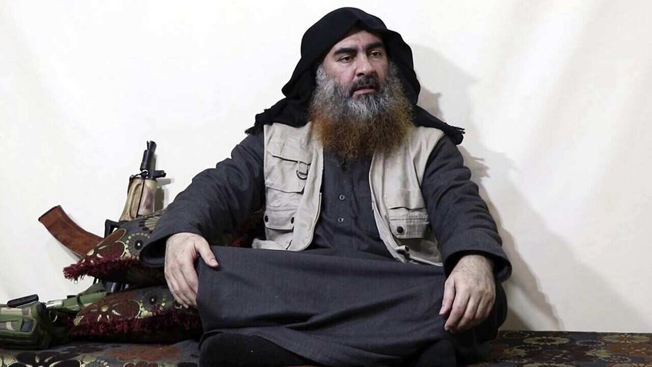 A file image made from video posted on a militant website on 29 April, 2019, purports to show Abu Bakr al-Baghdadi.