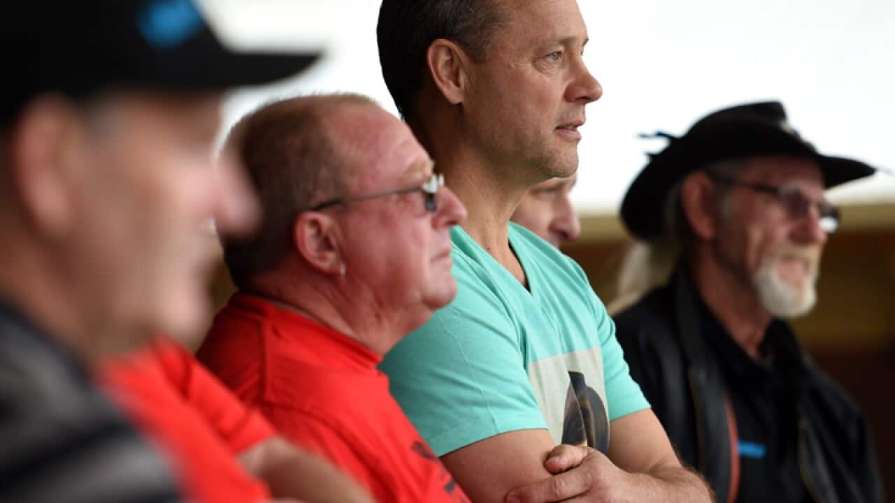 Clergy abuse survivors Peter Belnkiron (centre) in Ballarat