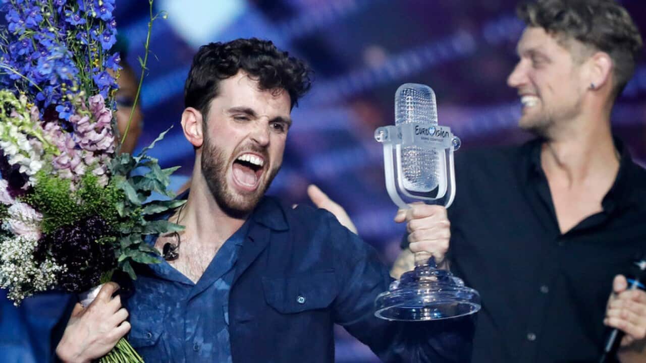 Duncan Laurence of the Netherlands celebrates after winning the 2019 Eurovision Song Contest (AAP).