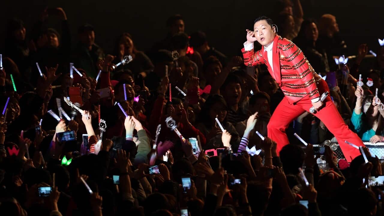 South Korean rapper Psy performs during a concert at the Jamsil Gymnastics Stadium in Seoul, South Korea.