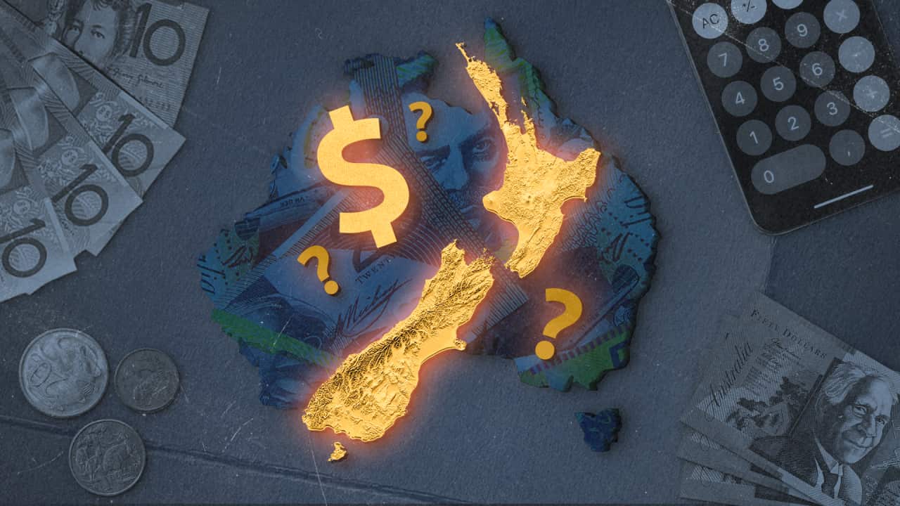 A map of New Zealand lit up in gold surrounded by dollar signs and question marks. The background shows money motifs on the shape of Australia and a calculator.