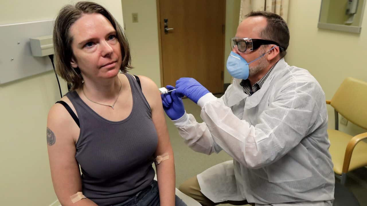 Jennifer Haller is given the first shot in the clinical trial of a potential vaccine for the COVID-19 coronavirus made by biotech firm Moderna in March, 2020.