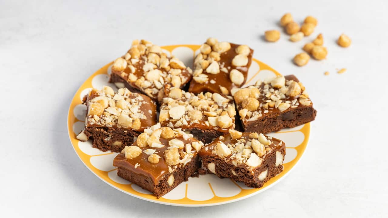 Browneies topped with honey-macadamia caramel
