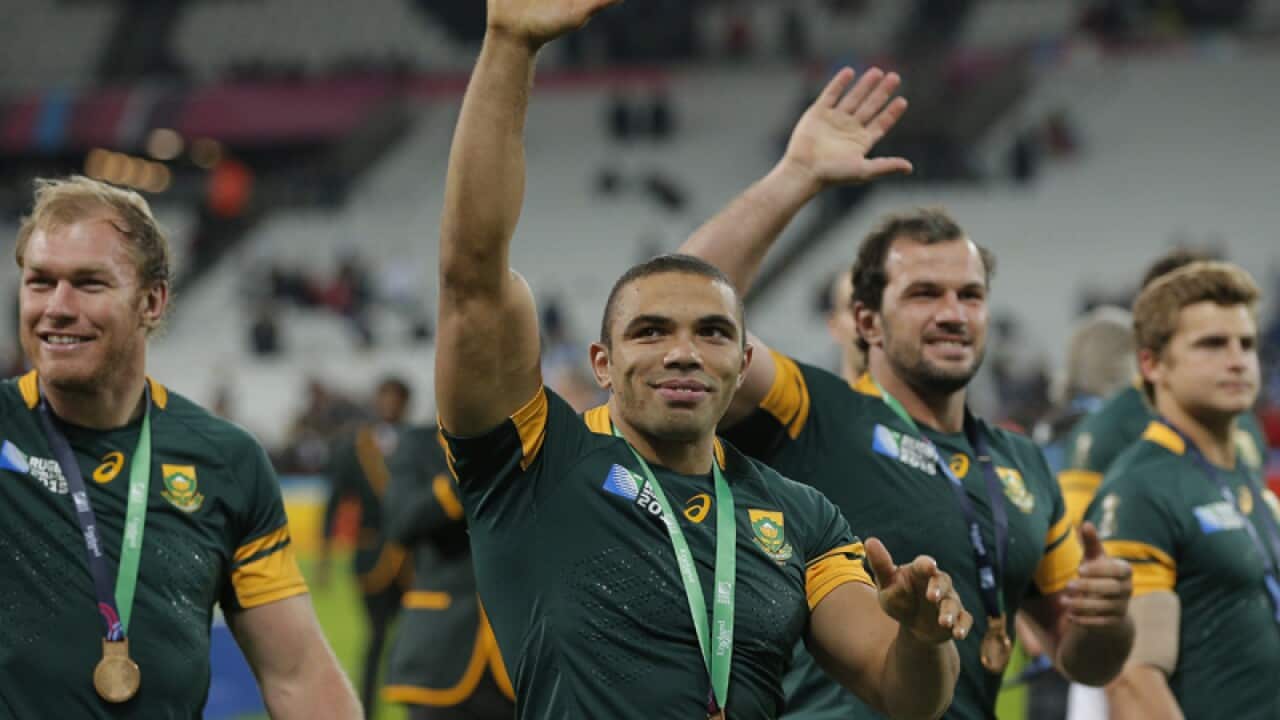 South Africa's Bryan Habana and teammates with their medals
