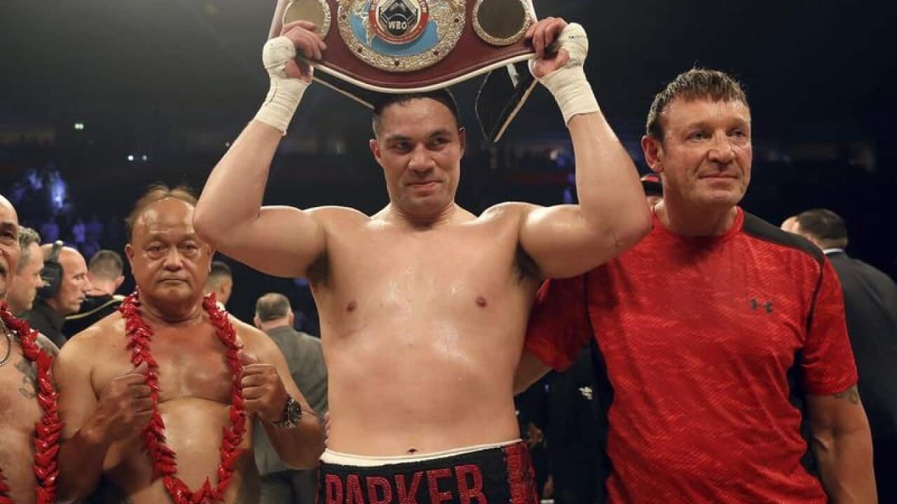 New Zealand's Joseph Parker celebrates.