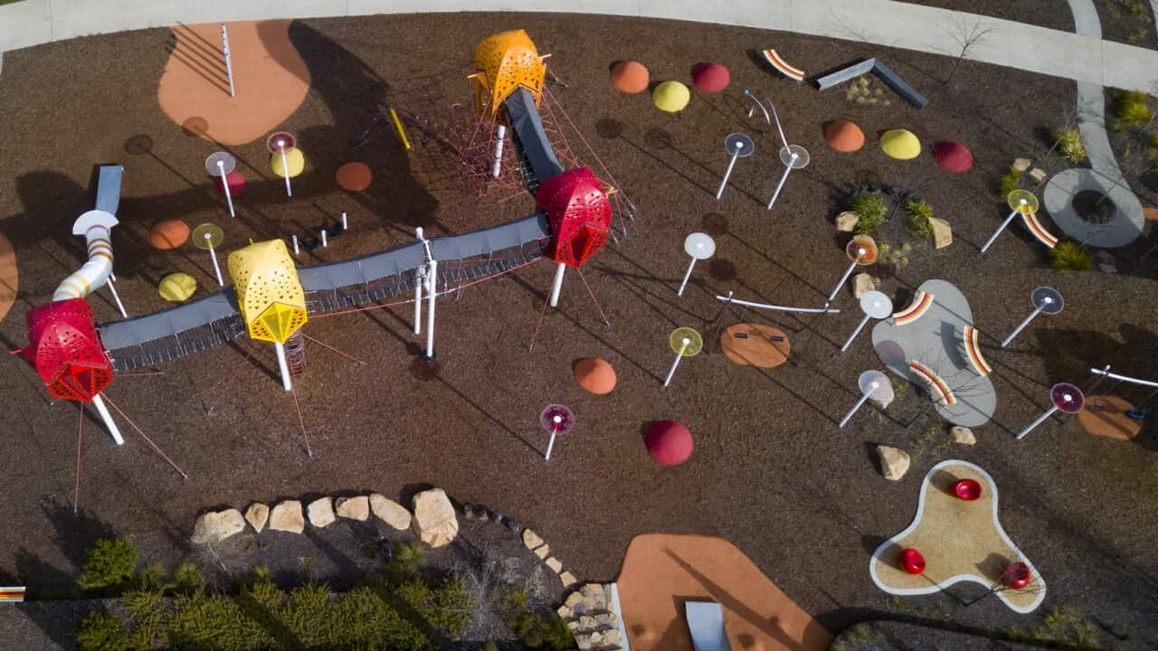 A drone image shows a suburban playground during lockdown in Canberra, Thursday, August 19, 2021