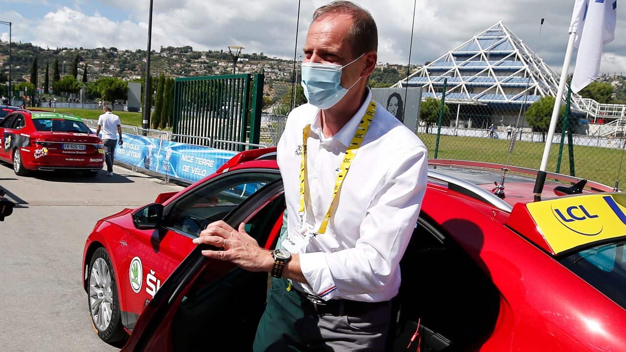 Christian Prudhomme, General Director of the Tour de France, arrives for the start of the third stage of the Tour de France cycling race