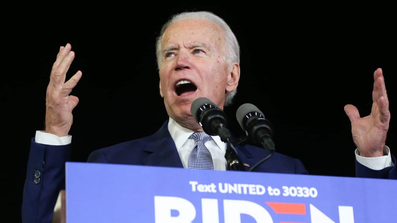 Democratic presidential candidate former US Vice President Joe Biden speaks at a Super Tuesday campaign event.