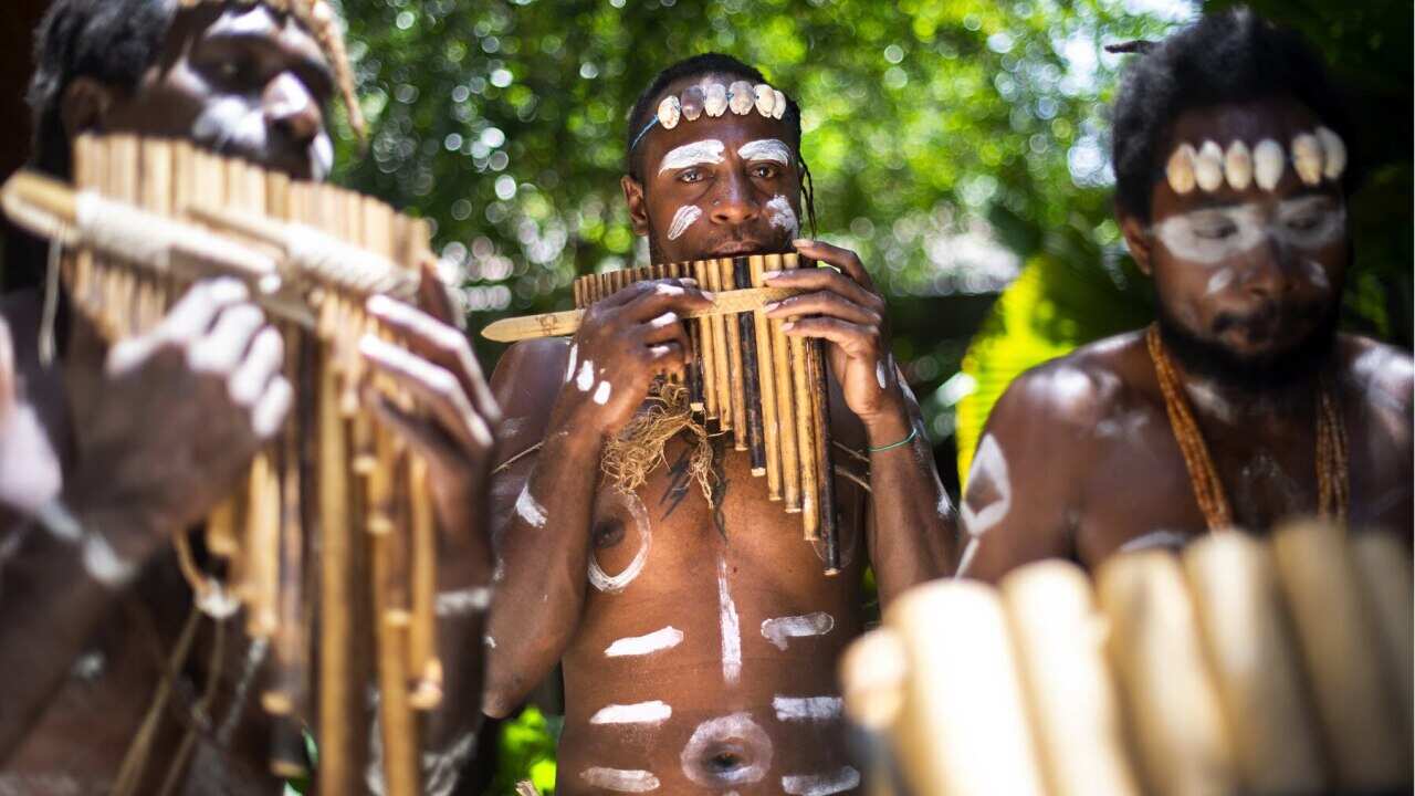 A panpipe band in Solomons Islands