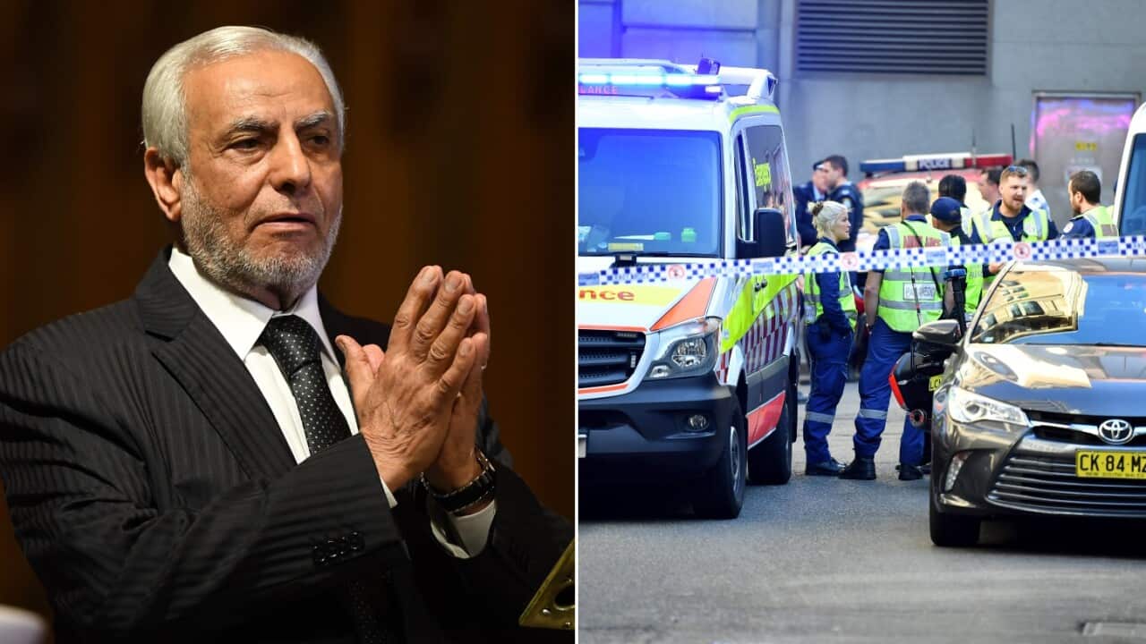 Grand Mufti of Australia Ibrahim Abu Mohammed and the police operation at the corner of Carrington Street and Wynard Street in Sydney.