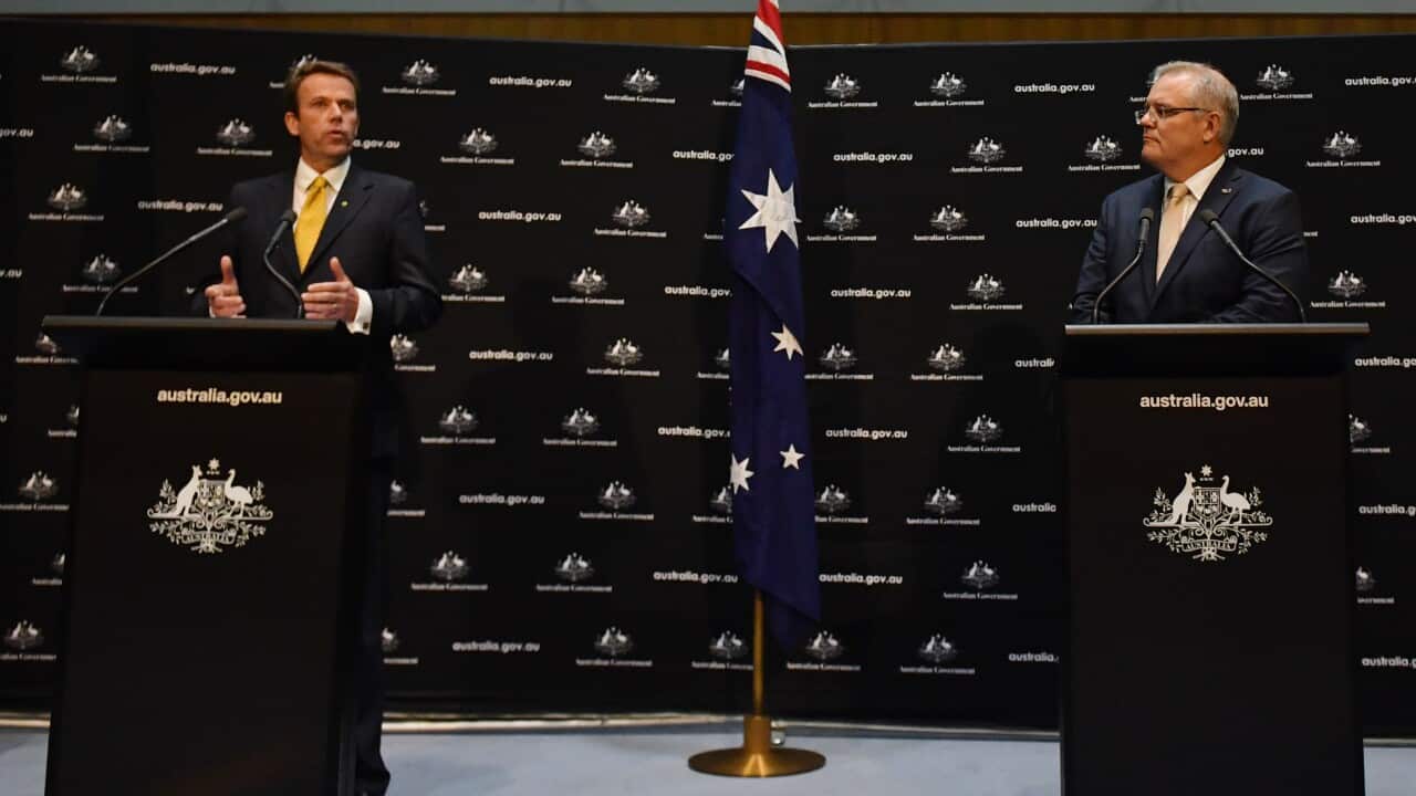 Minister for Education Dan Tehan and Prime Minister Scott Morrison announce the government's childcare package at a press conference at Parliament House in Canberra, Thursday, April 2, 2020. (AAP Image/Mick Tsikas) NO ARCHIVING
