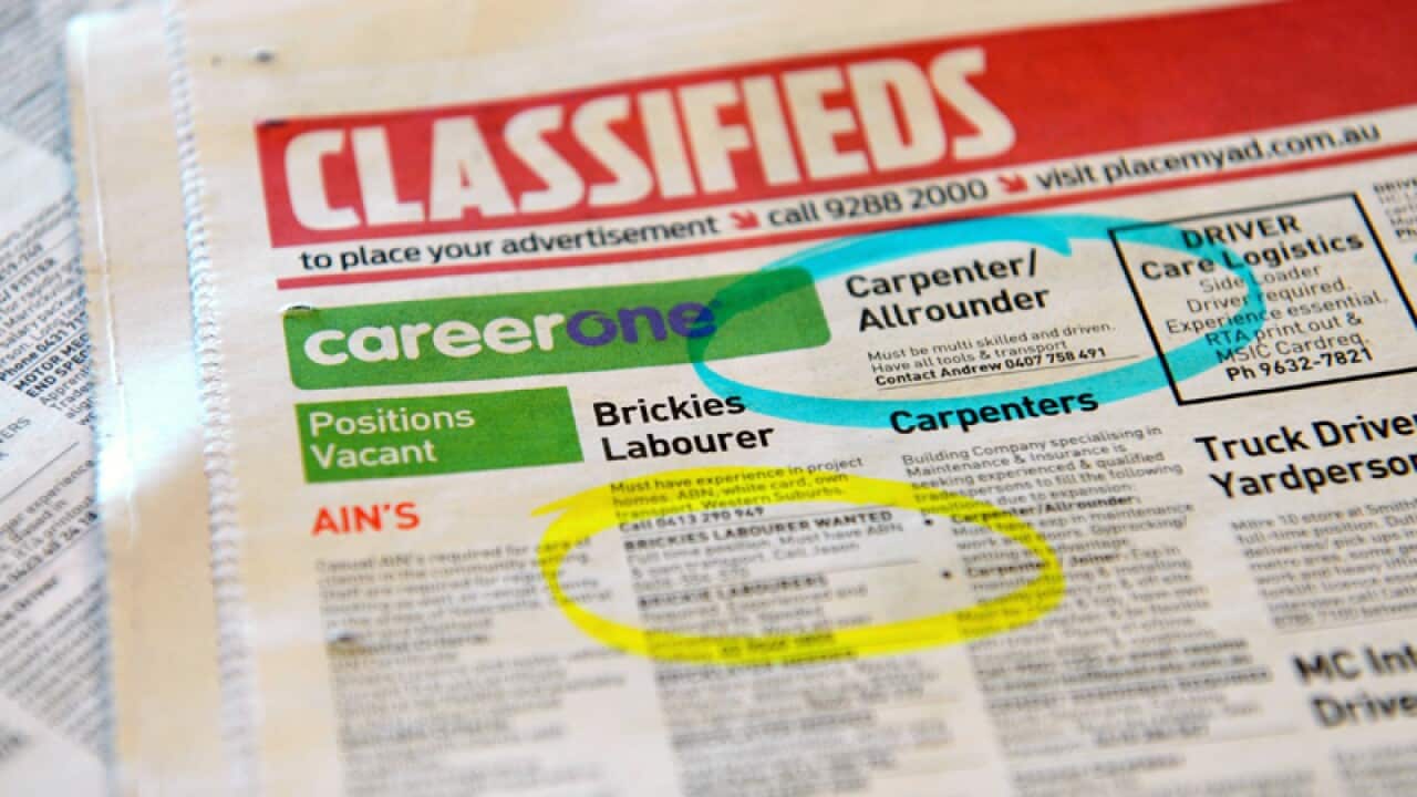 Employment advertising in a newspaper in Sydney. The number of jobs being advertised hit a 17-month high in August, suggesting the labour market is improving despite after a jump in the unemployment rate. (AAP Image/Joel Carrett) NO ARCHIVING