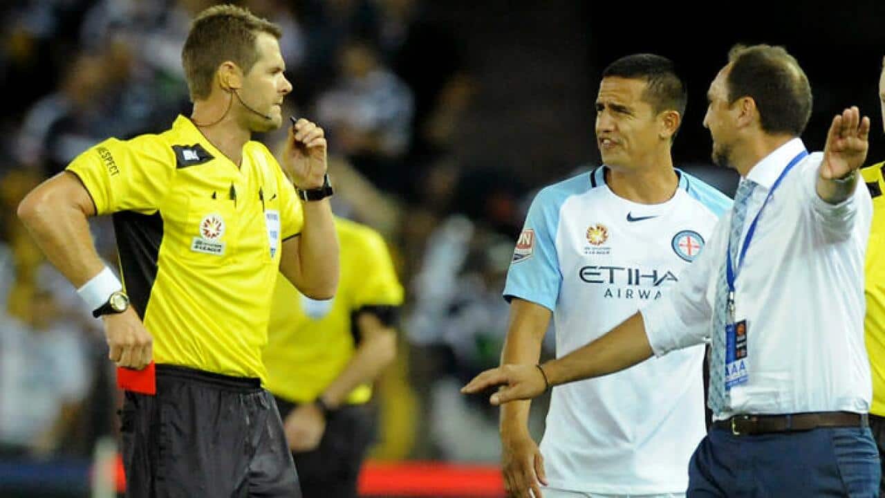 Tim Cahill, yet to come on to the field, is sent-off.