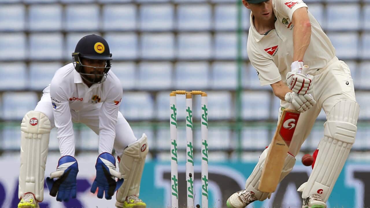 Australian cricketer Adam Voges plays a shot in Pallekele