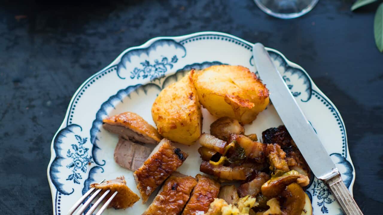 Roast goose with sage and hazelnut stuffing