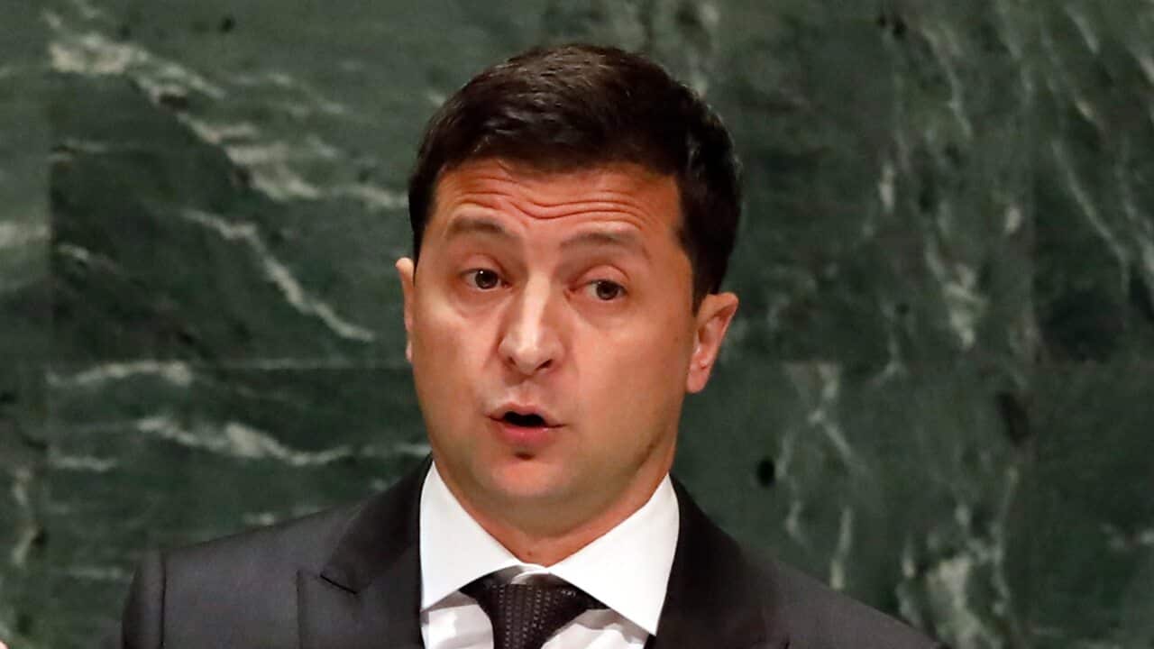 Ukraine's President Volodymyr Zelensky addresses the 74th session of the United Nations General Assembly.