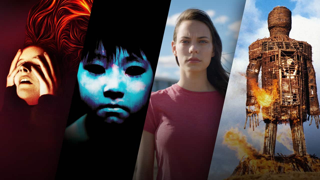 A composite image shows four scense, inlcluding a disturbed woman and a burning straw figure.