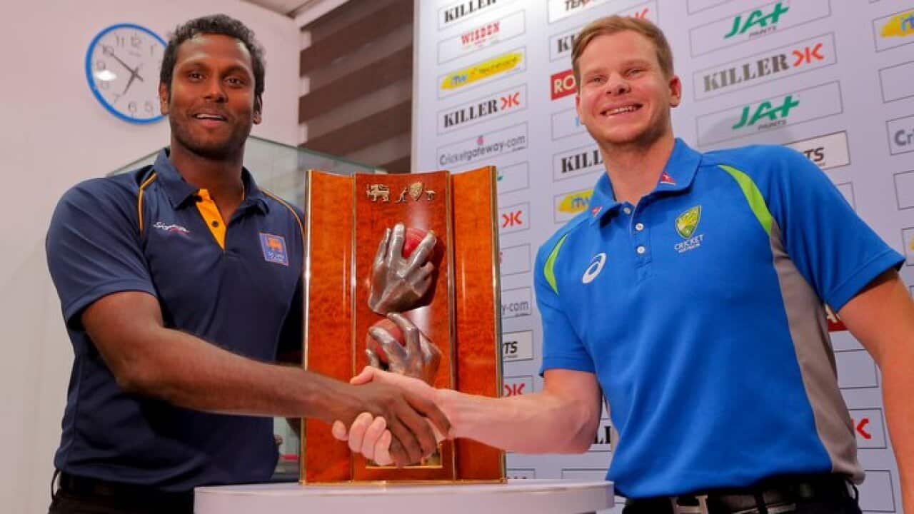 Sri Lankan cricket captain Angelo Mathews, left, and Australian cricket captain Steven Smith