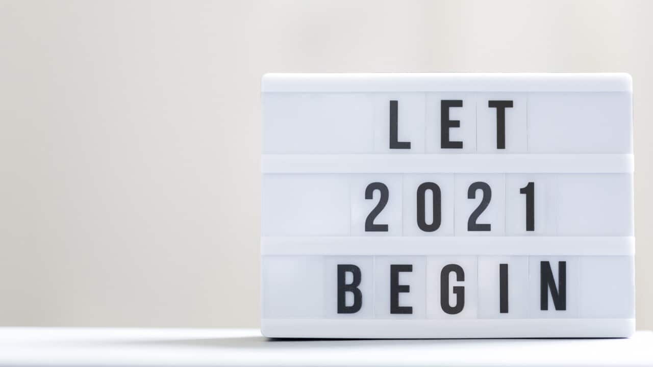 Let 2021 begin: Happy New Year Sign.