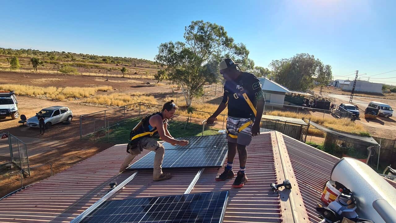 A supplied image obtained on Thursday, July 21, 2022, of Tennant Creek resident and Warumungu traditional owner Norman Jupurrurla Frank's solar installation. (AAP Image/Supplied by First Nations Clean Energy Network) NO ARCHIVING, EDITORIAL USE ONLY