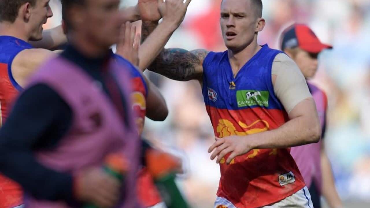 A file image of AFL player Dayne Beams of the Lions after a goal.