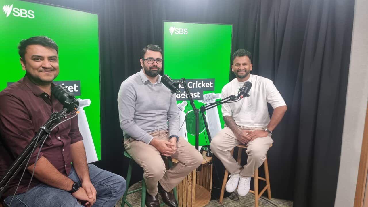 SBS Cricket Podcast hosts Vatsal Patel and Afnan Malik with Sri Lankan Test legend Dimuth Karunaratne during a special episode recorded at the SBS Podcast Studio. Credit: SBS