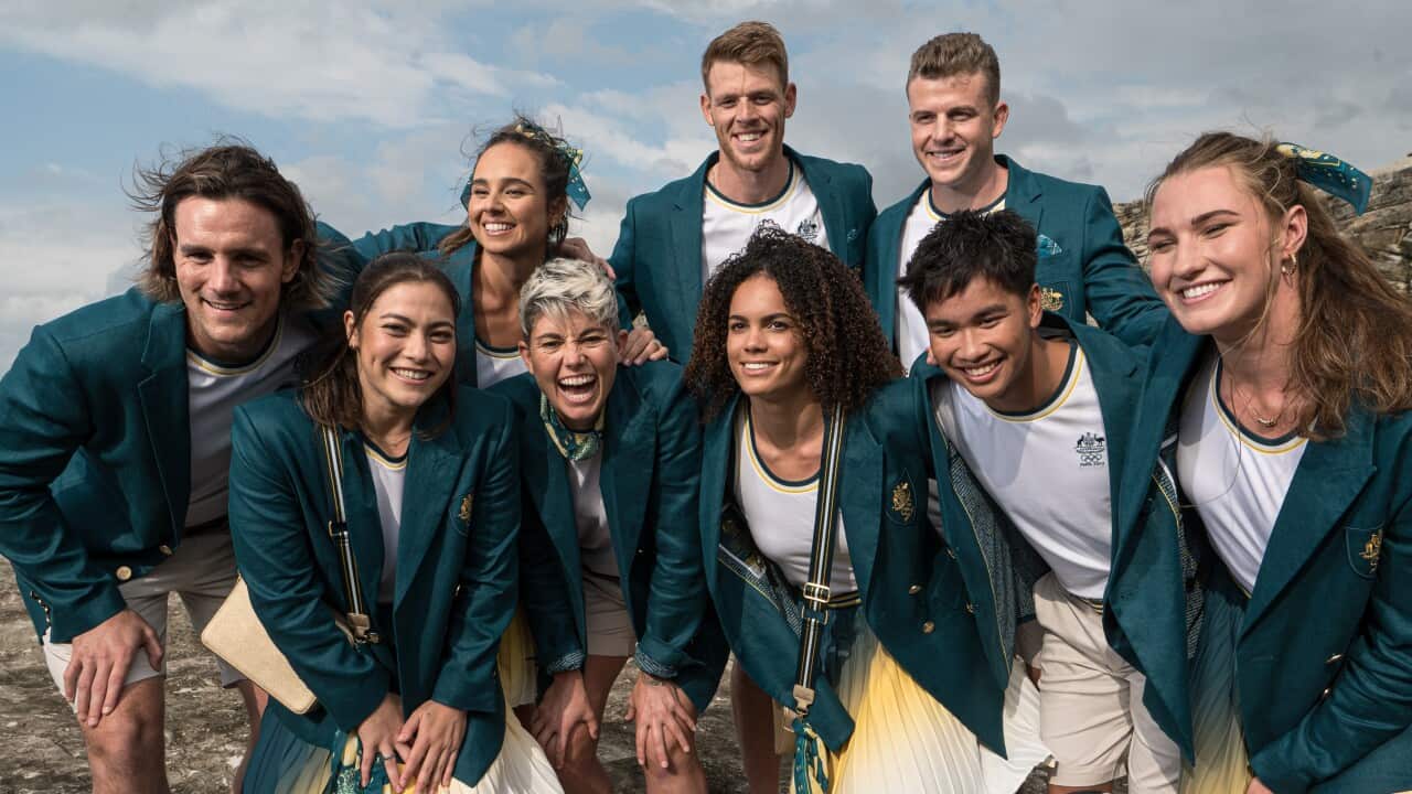 Members of the Australian Olympic team pose during the Australian 2024 Paris Olympic Games Official Uniform Launch at Clovelly Surf Club during the reveal of the Australian Olympic Team uniform design at Clovelly Bay in Sydney on Wednesday, 17 April 2024.