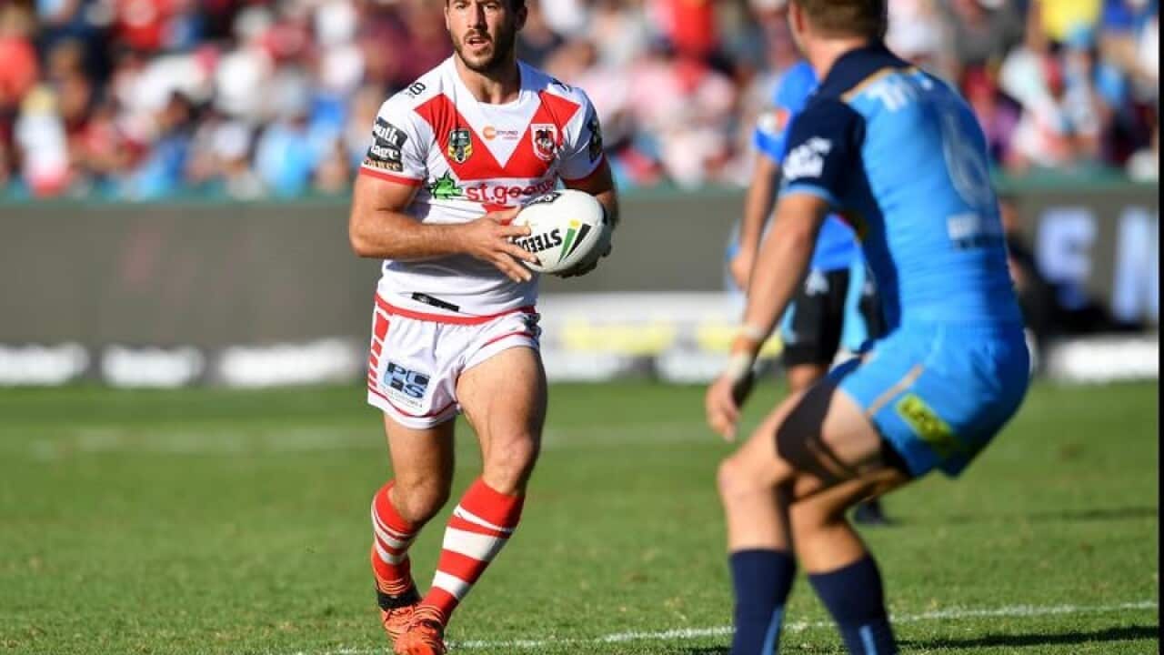 Ben Hunt (left) of the Dragons in action during Round 3 of the NRL.