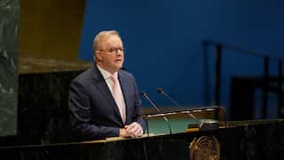 Australian Prime Minister Anthony Albanese speaks at the podium during an address to the United Nations General Assembly in New York.