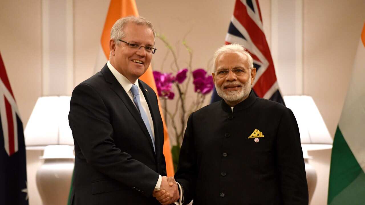 Australia's Prime Minister Scott Morrison and India's Prime Minister Narendra Modi