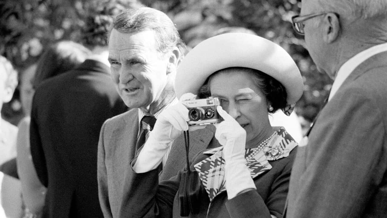 Queen Elizabeth as a young woman sitting in a garden with a dog.