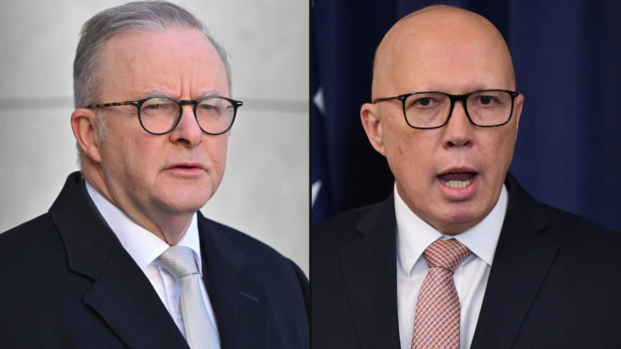 A split image. On the left is Prime Minister Anthony Albanese. On the right is Opposition leader Peter Dutton.