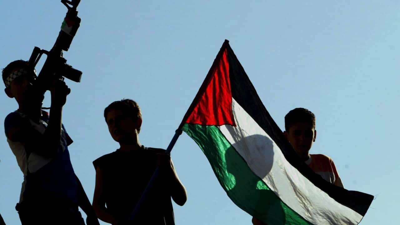alestinian boys wave the Palestinian flag