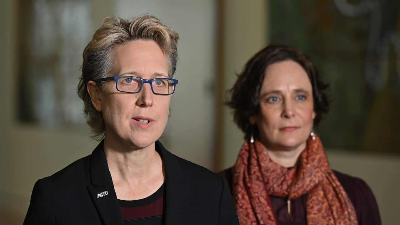 Sally McManus and Alexi Boyd speaking at a press conference