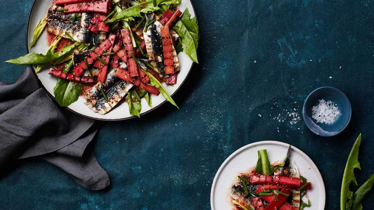 Chargrilled sardines with slightly pickled mustardy rhubarb