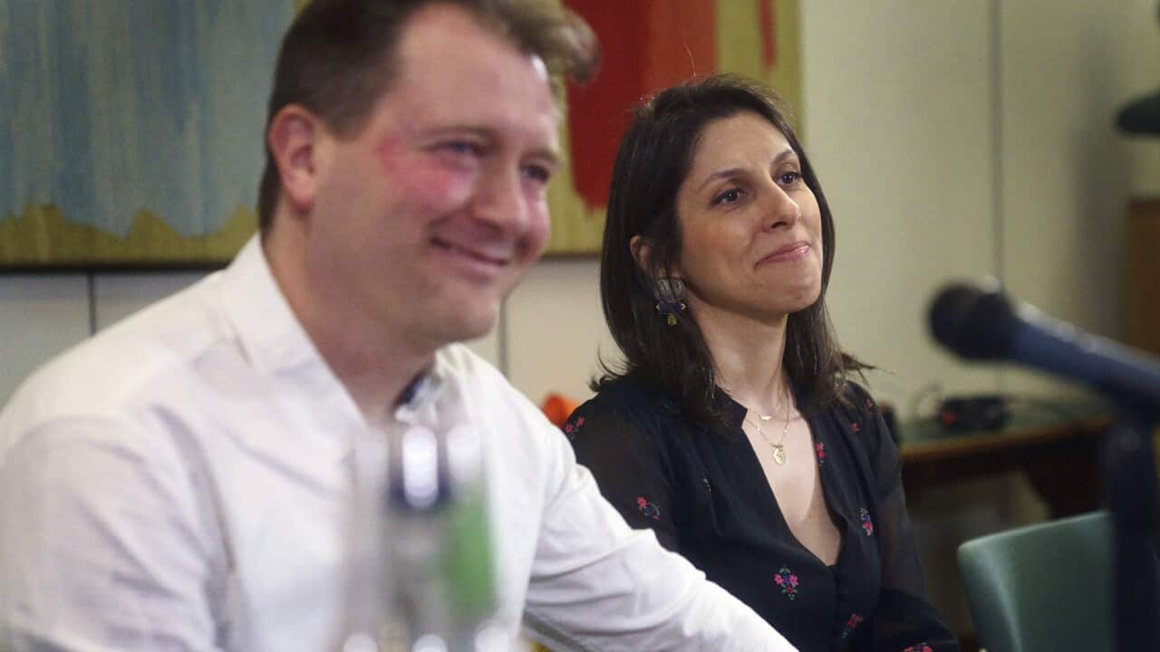 Nazanin Zaghari-Ratcliffe and her husband Richard Ratcliffe attend a press conference (AAP)