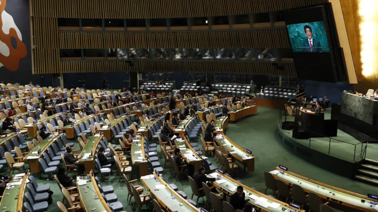 Japanese Prime Minister Shinzo Abe addresses the UN