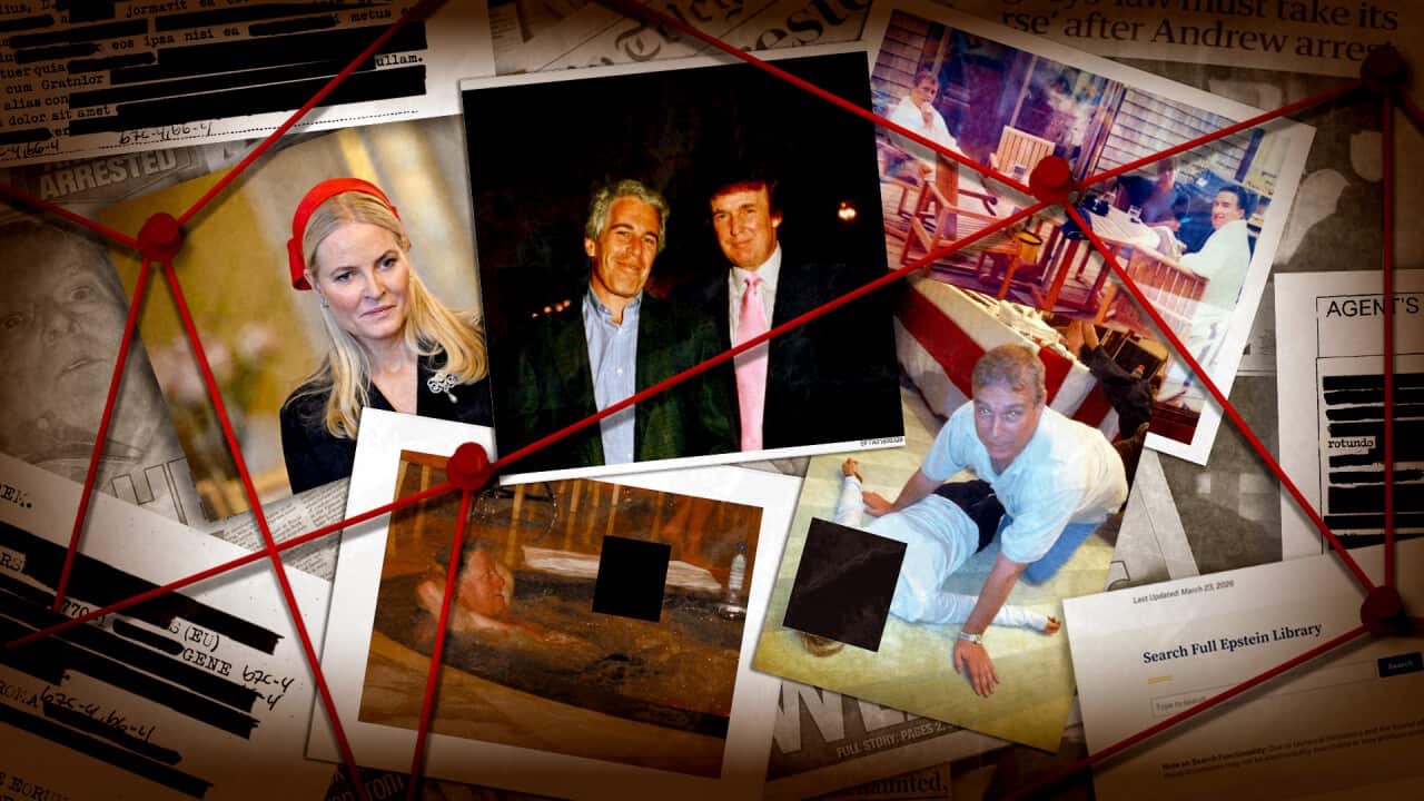 A collage of photos showing high-profile figures associated with Epstein.