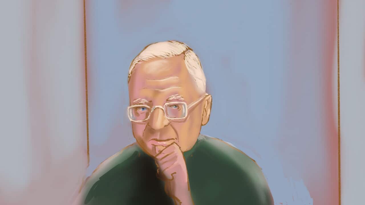 A courtroom sketch of a man with white hear, wearing glasses, and a green shirt.