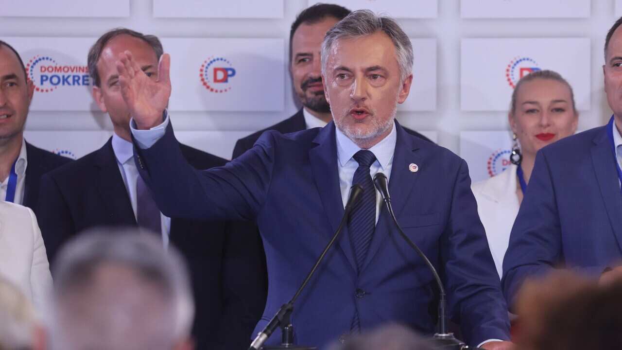 Miroslav Skoro, the candidate for Zagreb Mayor of the Homeland Movement attends a press conference after second best after a first round of elections in Zagreb, Croatia on May 16, 2021.