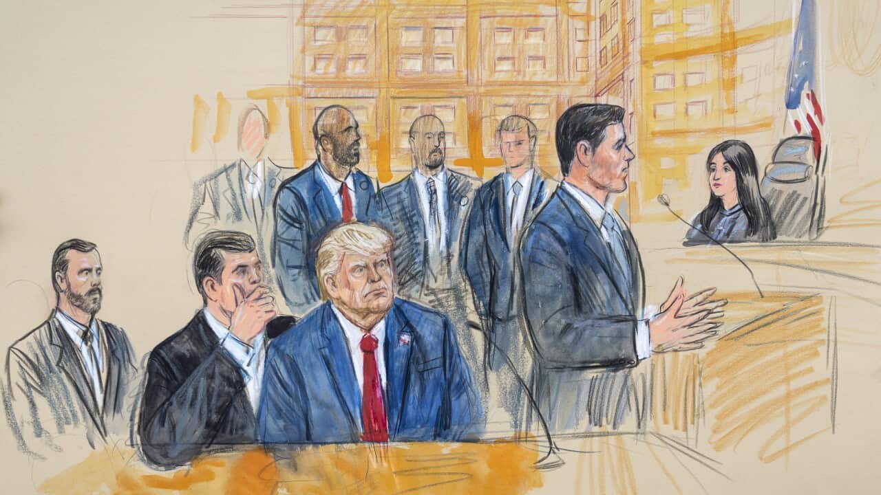 This artist sketch depicts former President Donald Trump in court