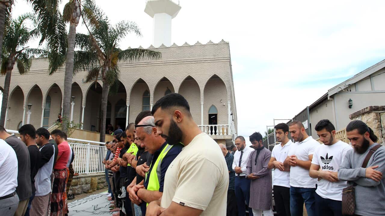 Friday prayers spilled out onto the street at Lakemba Mosque on March 22 2019 in Sydney after 51 people were killed, and dozens were injured in Christchurch after a gunman set fire on worshippers.